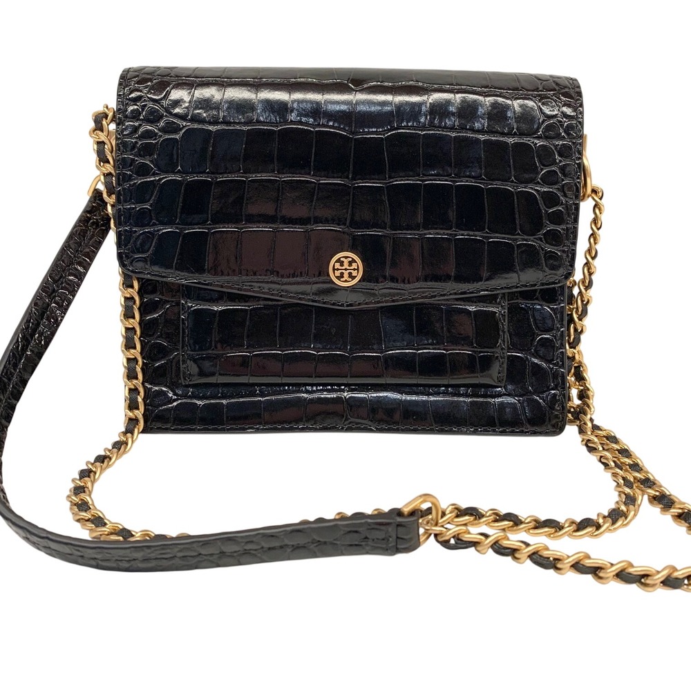 Tory Burch Black Croc Embossed Leather Crossbody Bag Gold Chain Strap